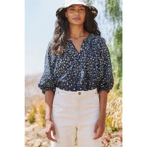 The GREAT. Perch Cotton Peasant Prairie Blouse Navy Cream Balloon Sleeve Boho